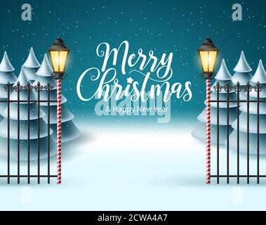 Merry christmas vector background design. Christmas greeting text in snow winter background with falling snowflakes and xmas fir tree for holiday Stock Vector