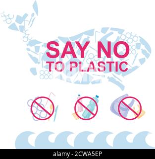 Say no to plastic in ocean flat concept icons set Stock Vector