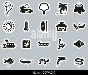 Amazon Rainforest Icons Black & White Sticker Set Big Stock Vector