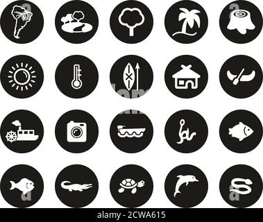 Amazon Rainforest Icons White On Black Flat Design Circle Set Big Stock Vector