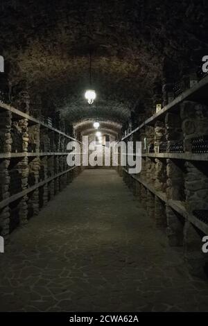 Vie of the hallway of an old cellar with wine bottles Stock Photo