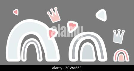Set of cute colorful rainbows, crown and heart. Kids collection of flat vector stickers illustrations. Isolated over gray background. Element for Stock Vector