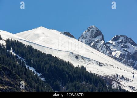 Allgäuer Berge, Oberstdorf, Stillachtal, Baumgrenze, Frühling; Berge, verschneit; Bayern, Deutschland Stock Photo