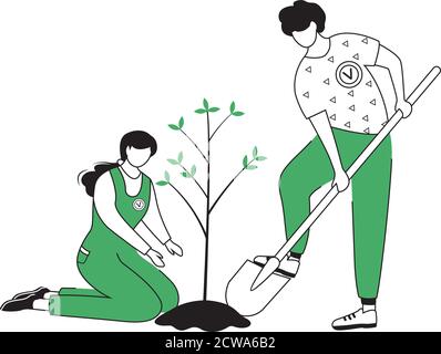 People planting tree flat contour vector illustration Stock Vector