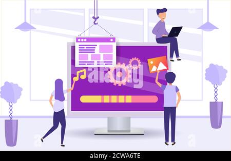 Little people download videos to your computer. Video blog, Team work Support website. Stock Vector