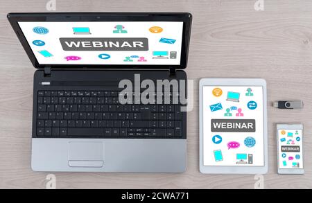 Webinar concept shown on different information technology devices Stock Photo