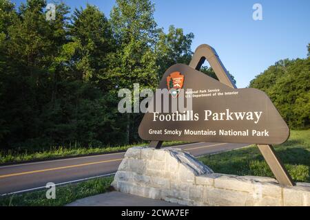 Sign for the newly completed section of the Foothills Parkway. The completed section is 16 miles and runs between Wears Valley and Walland Tennessee Stock Photo