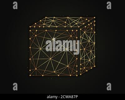 3d cube golden abstract illustration on a dark background. Geometric shape polygonal template made from lines and dots. Stock Vector