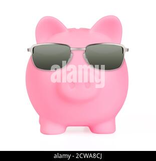 Pink piggy bank in a sunglasses front view isolated on white background Stock Photo