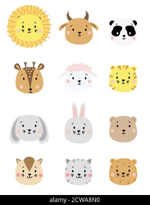 cute simple animal portraits. Set of color animal portraits - sheep and cow, lion and tiger, panda and deer, hare and bear, dog and cat. For childrens Stock Vector