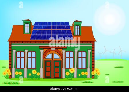 Solar energy home. Sustainable eco residential house with blue solar panels on red roof. Concept of renewable energy, eco power source. Stock vector Stock Vector