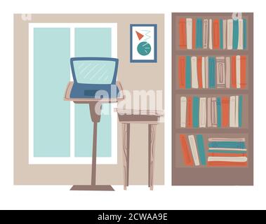 Office or home workplace with laptop and books Stock Vector