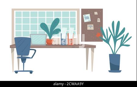 Workplace at home or office, table and laptop Stock Vector