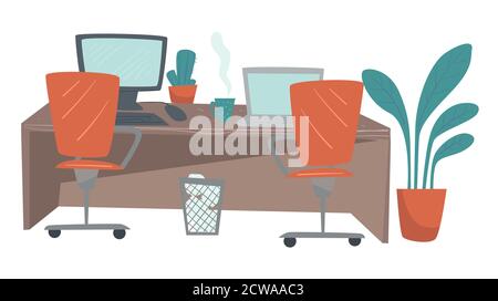 Office workplace, long table with laptops vector Stock Vector