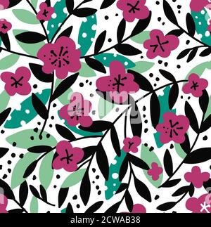 Blooming flowers and foliage on twigs pattern Stock Vector