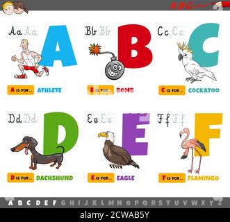 Cartoon Illustration of Capital Letters Alphabet Educational Set for Reading and Writing Practise for Kids from A to F Stock Vector