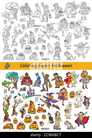 Vector halloween illustration coloring cartoon characters set Stock Vector