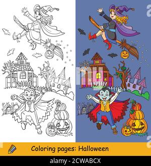 Vector halloween coloring and colored example witch and vampire Stock Vector