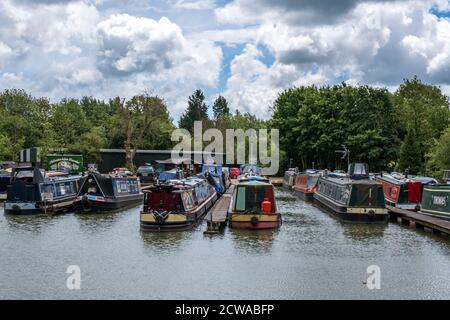 Narrowboats moored at Welford Marina, Grand Union Canal, Northamptonshire, England. Stock Photo
