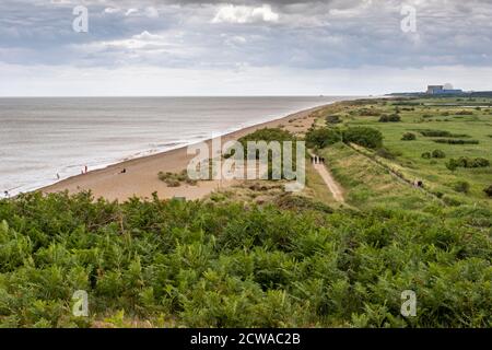 Coastal view looking south from Dunwich Heath cliffs over Minsmere towards Sizewell nuclear power station, Suffolk, England Stock Photo