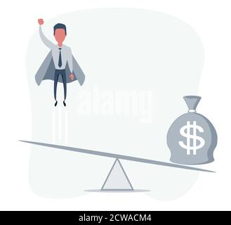 Business startup concept. Illustration with a businessman flying up and a bag full of money. Stock Vector