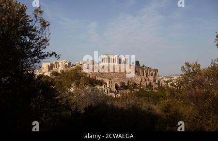 Parthenon acropolis view and theatre of Dionysus  from pnyx hill Stock Photo