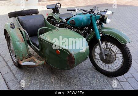 Cracow. Krakow. Poland. Old Soviet motorbike K-750 (copy of German BMW). Sidecar attached. Stock Photo