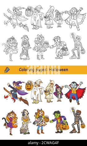 Cartoon halloween illustration. Vector coloring set of happy children in costumes and colored example. Coloring book for children, preschool education Stock Vector