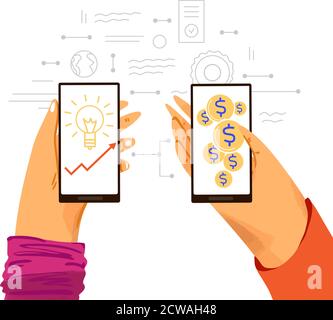Human hands with phone - graphs and ideas for making money online, business infographics about money and earnings with online work on a smartphone Stock Vector