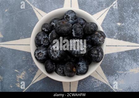 blueberries in white bowl on blue star shaped background Stock Photo