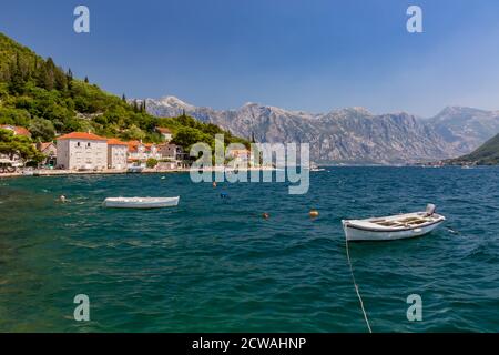 Picture postcard view over Bay of Kotor at Perast, Montenegro Stock Photo