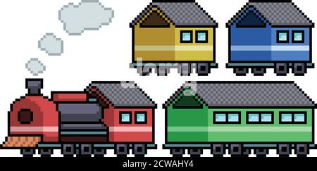 pixel art set isolated train toy Stock Vector