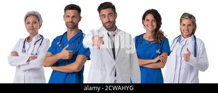 Healthcare and medical concept - group of doctors isolated on white background, man pointing to you Stock Photo