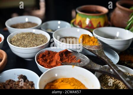 Various spice on wooden spoons with herbs Stock Photo