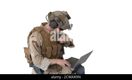 Soldier Using Laptop Computer for Surveillance During Military O Stock Photo