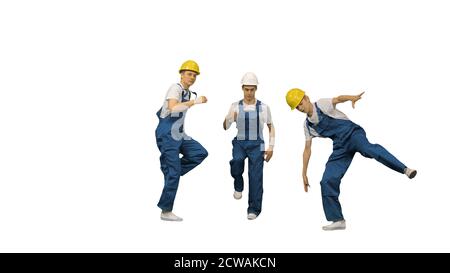 Three male construction workers in hard hats hoping into the cam Stock Photo