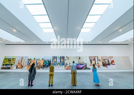London, UK. 29th Sep, 2020. Bread, Butter and Power, 2018, a 21 panel painting -, 2018 - Gagosian King's Cross gallery hosts a solo show by African American artist Meleko Mokgosi. Credit: Guy Bell/Alamy Live News Stock Photo