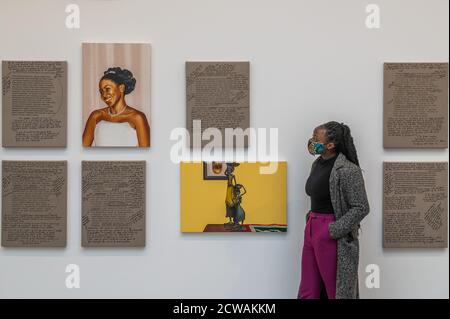 London, UK. 29th Sep, 2020. Objects of Desire, 2016-2020, paintings and text - Gagosian King's Cross gallery hosts a solo show by African American artist Meleko Mokgosi. Credit: Guy Bell/Alamy Live News Stock Photo