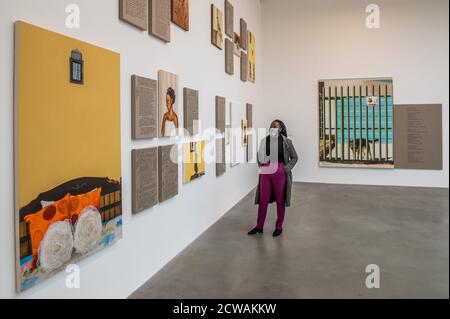 London, UK. 29th Sep, 2020. Objects of Desire, 2016-2020, paintings and text - Gagosian King's Cross gallery hosts a solo show by African American artist Meleko Mokgosi. Credit: Guy Bell/Alamy Live News Stock Photo