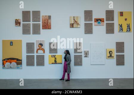 London, UK. 29th Sep, 2020. Objects of Desire, 2016-2020, paintings and text - Gagosian King's Cross gallery hosts a solo show by African American artist Meleko Mokgosi. Credit: Guy Bell/Alamy Live News Stock Photo