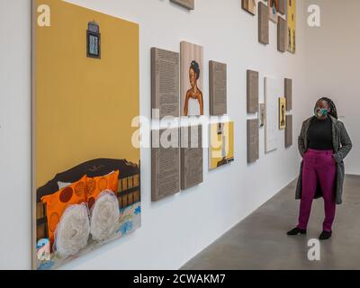 London, UK. 29th Sep, 2020. Objects of Desire, 2016-2020, paintings and text - Gagosian King's Cross gallery hosts a solo show by African American artist Meleko Mokgosi. Credit: Guy Bell/Alamy Live News Stock Photo