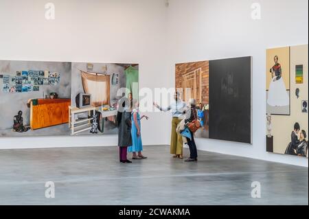 London, UK. 29th Sep, 2020. Bread, Butter and Power, 2018, a 21 panel painting -, 2018 - Gagosian King's Cross gallery hosts a solo show by African American artist Meleko Mokgosi. Credit: Guy Bell/Alamy Live News Stock Photo