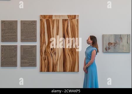 London, UK. 29th Sep, 2020. Objects of Desire, 2016-2020, paintings and text - Gagosian King's Cross gallery hosts a solo show by African American artist Meleko Mokgosi. Credit: Guy Bell/Alamy Live News Stock Photo