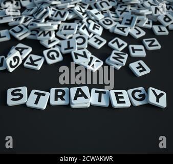 3D rendering of the word strategy writen in letter tiles on a black background Stock Photo
