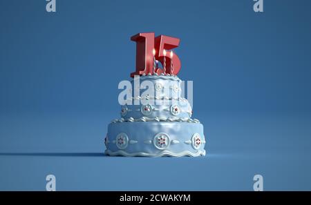 3D rendering of a big blue birthday cake with a big number fifteen on top Stock Photo