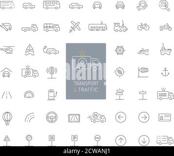 50 transportation, traffic and vehicles thin line icons Stock Vector