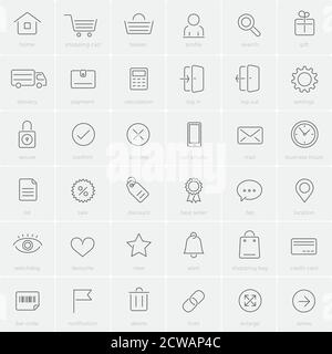 Thin line e-commerce and shopping website icon set with description Stock Vector