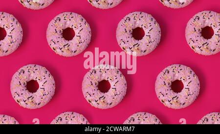 Festive creative pattern of rows of pink donuts on pink background Stock Photo