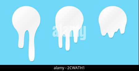 Melt drip stickers or circle milk labels. Vector liquid drops icons for graffiti stickers. White liquid or melted chocolate drips, milk, current paint Stock Vector