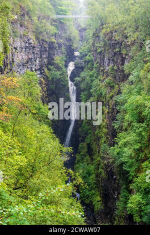 Falls of Measach with suspension bridge above viewed from viewing platform over Corrieshalloch Gorge, Wester Ross, Highland Region, Scotland, UK Stock Photo